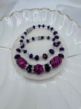 Pink Purple Zebra Print Beaded Bracelet Set Glam Sparkly Jewelry